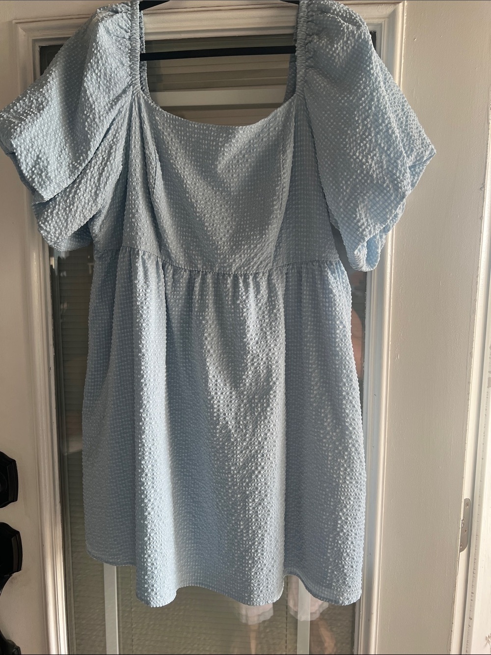 Light Blue Textured Puff-Sleeve Mini Dress